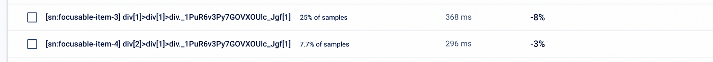 Uma captura de tela de uma lista de elementos, de acordo com o atributo focusKey deles, com a latência de interação de cada um.