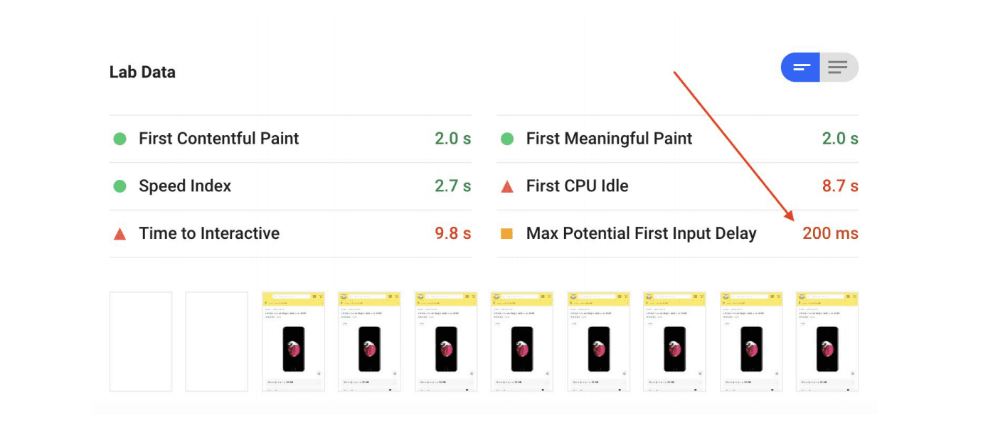 最初の最適化を実施した後の Mercado Libre の商品詳細ページに関する PSI レポート内の Lighthouse の指標。