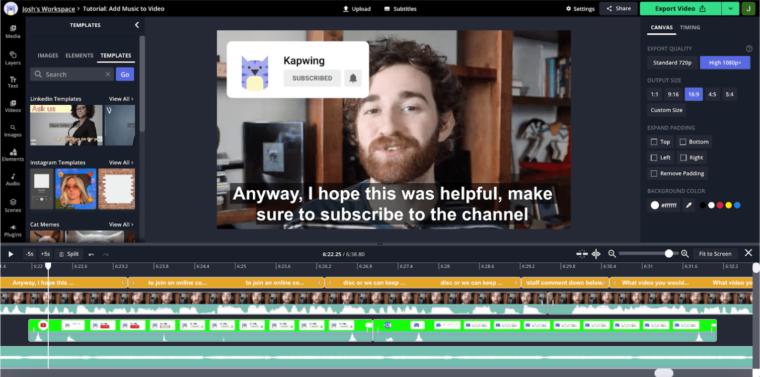 El editor de Kapwing tiene un menú para contenido multimedia que incluye varias plantillas y elementos personalizados, incluidas algunas que son específicas de ciertas plataformas como LinkedIn; una línea de tiempo que separa video, audio y animación; editor de lienzo con opciones de calidad de exportación; vista previa del video, y más capacidades.