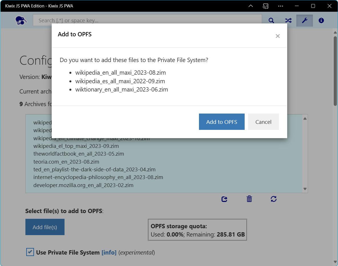 Dialog yang menanyakan apakah pengguna ingin menambahkan daftar file .zim ke sistem file pribadi asal.