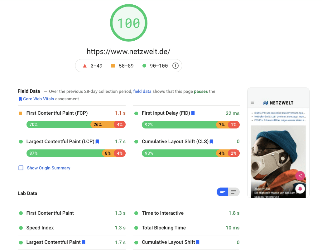 Netzwelt.de साइट के लिए PageSpeed Insights का स्क्रीनशॉट, जो 100 का स्कोर दिखा रहा है.