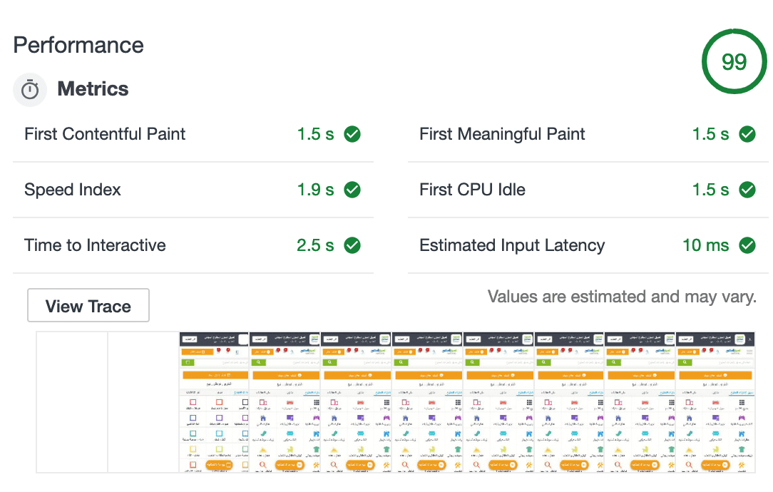 Uno screenshot delle metriche sulle prestazioni di Lighthouse per la PWA OpenSooq.