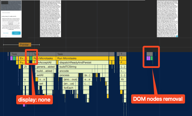 Uno screenshot del riquadro Prestazioni in Chrome DevTools che mostra la stessa traccia di prima, ma ottimizzata. Quando la finestra di dialogo della CMP PubConsent viene chiusa, l&#39;azione iniziale consiste nel nasconderla utilizzando la regola display: none del CSS. Quindi, quando in seguito il browser sarà inattivo, verrà eseguita la rimozione del nodo DOM.