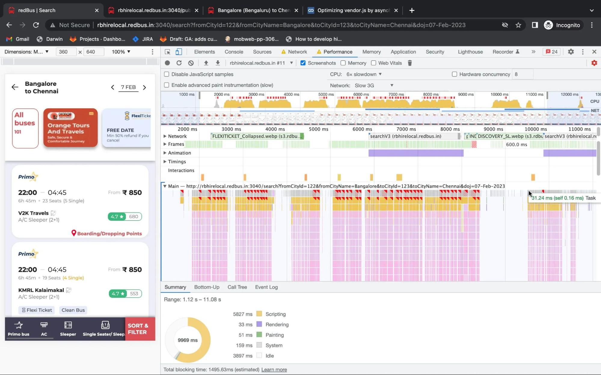 A screenshot of the performance panel in Chrome DevTools showing the redBus website firing scroll event callbacks which are not debounced. The result is that the main thread becomes blocked.