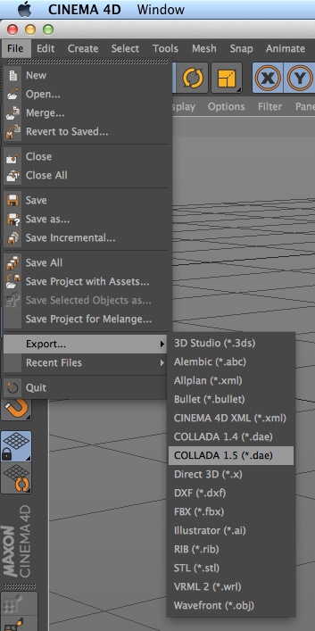 अपने मेश को कोलाडा 1.5 .dae फ़ाइल के तौर पर एक्सपोर्ट करें.