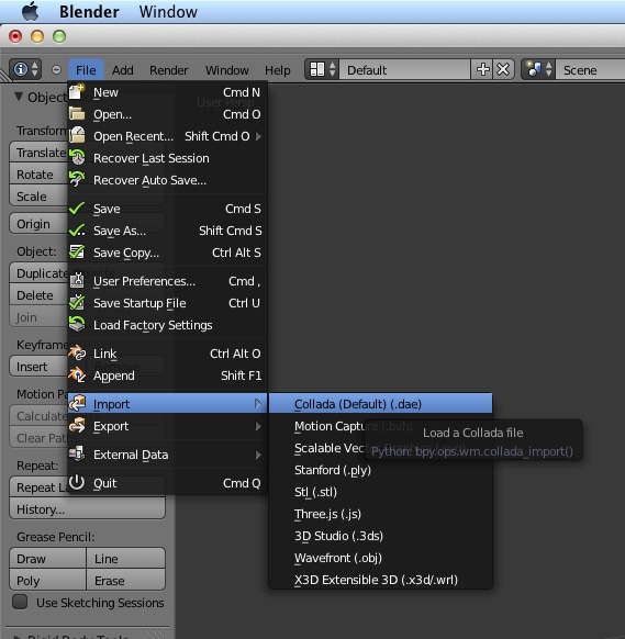 Zaimportuj plik Collada do Blendera.