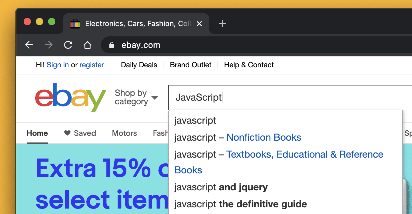 لقطة شاشة لمربّع البحث في eBay يعرض اقتراحات الإكمال التلقائي لطلب بحث