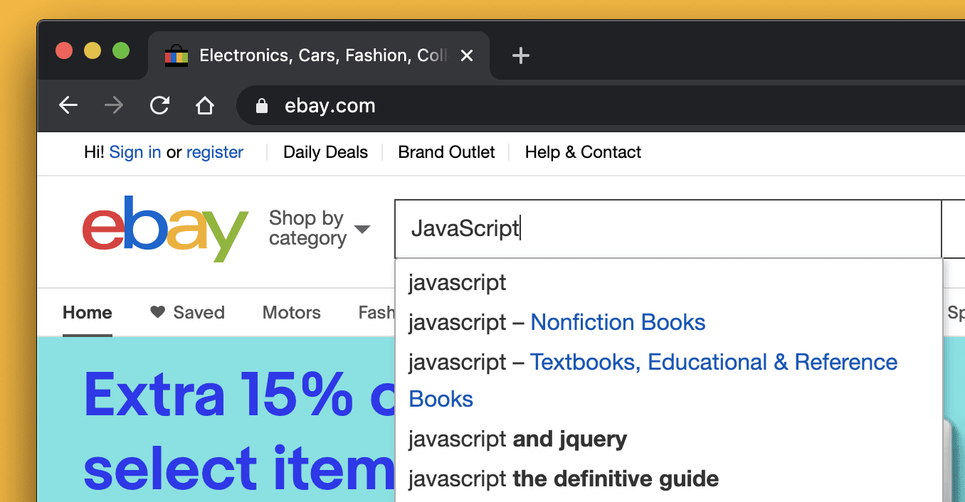 Скриншот окна поиска eBay, отображающий предложения автозаполнения для поискового запроса.