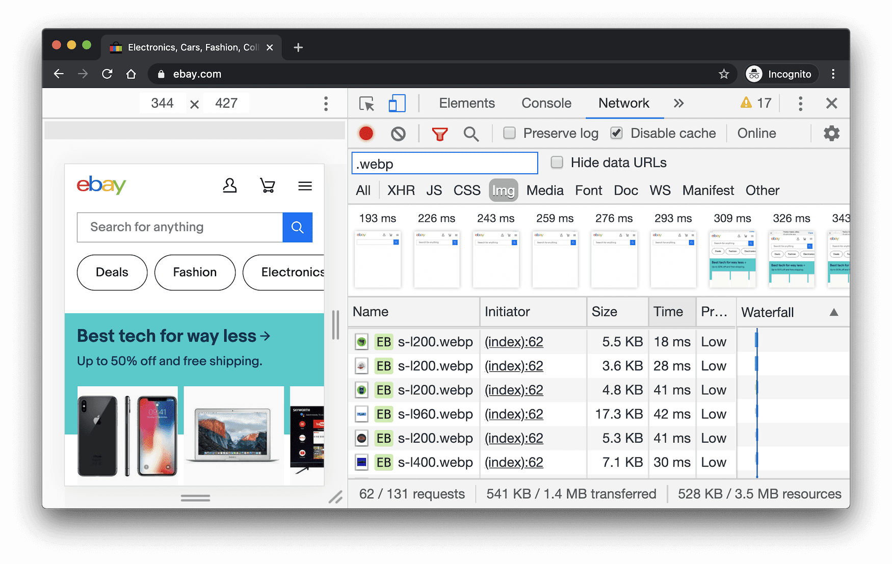 Capturas de pantalla del panel de red de Herramientas para desarrolladores filtrados para mostrar solicitudes de imágenes WebP de eBay.com