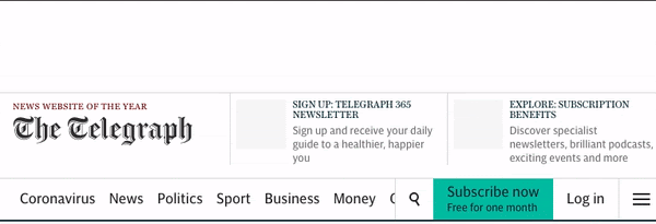 Telegraph की वेबसाइट के टैबलेट व्यू का ऐनिमेशन. प्लेसहोल्डर के विज्ञापन के साइज़ से मेल खाने पर, विज्ञापन लोड होने पर कोई लेआउटशिफ़्ट नहीं होता.