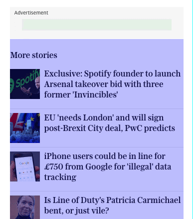 Animación del sitio web de Telegraph. La lista de historias se desplaza hacia abajo cuando se carga un anuncio encima de ella.
