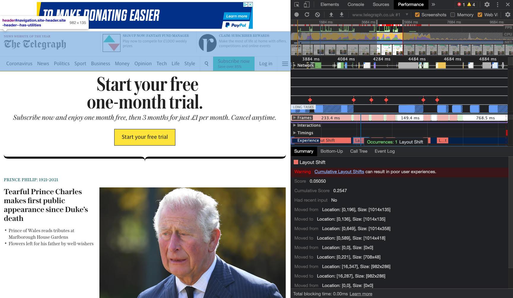 Halaman depan Telegraph dengan iklan pada header ditampilkan dengan overlay biru.