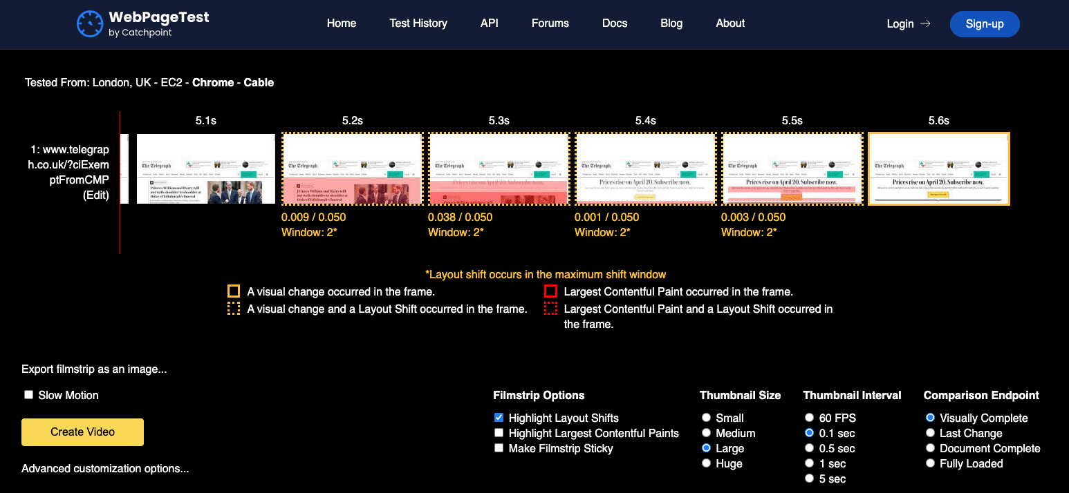 WebPageTest filmstrip view of the Telegraph website with the layoutshift highlighted with a red overlay.