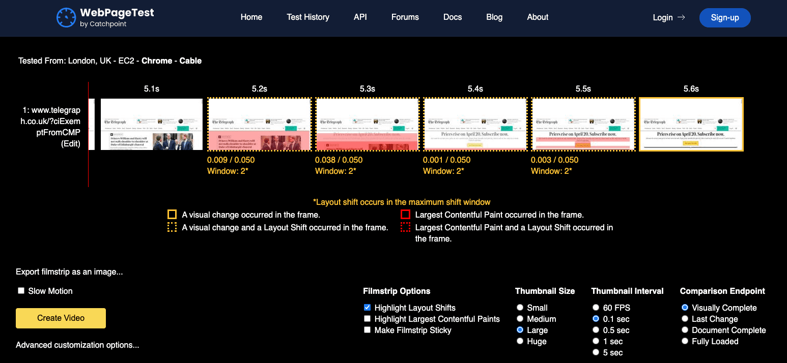 Tampilan setrip film WebPageTest situs Telegraph dengan pergeseran tata letak ditandai dengan overlay merah.