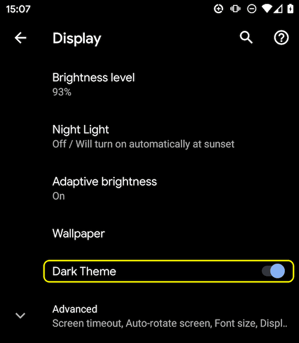 Android Q के लिए गहरे रंग वाले मोड की सेटिंग.