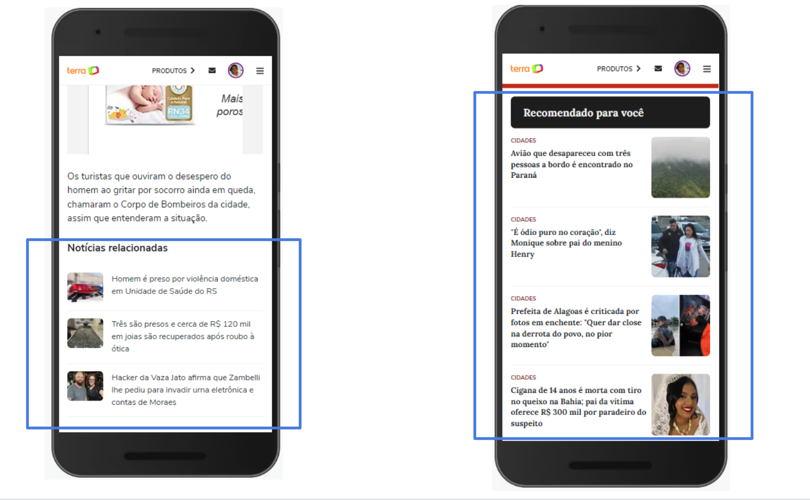 Une capture d&#39;écran des deux sections du site Web de Terra dans lesquelles les liens étaient préchargés. La section &quot;Contenu associé&quot; est mise en évidence à gauche, tandis qu&#39;à droite la section &quot;Recommandations personnalisées&quot; est mise en évidence.