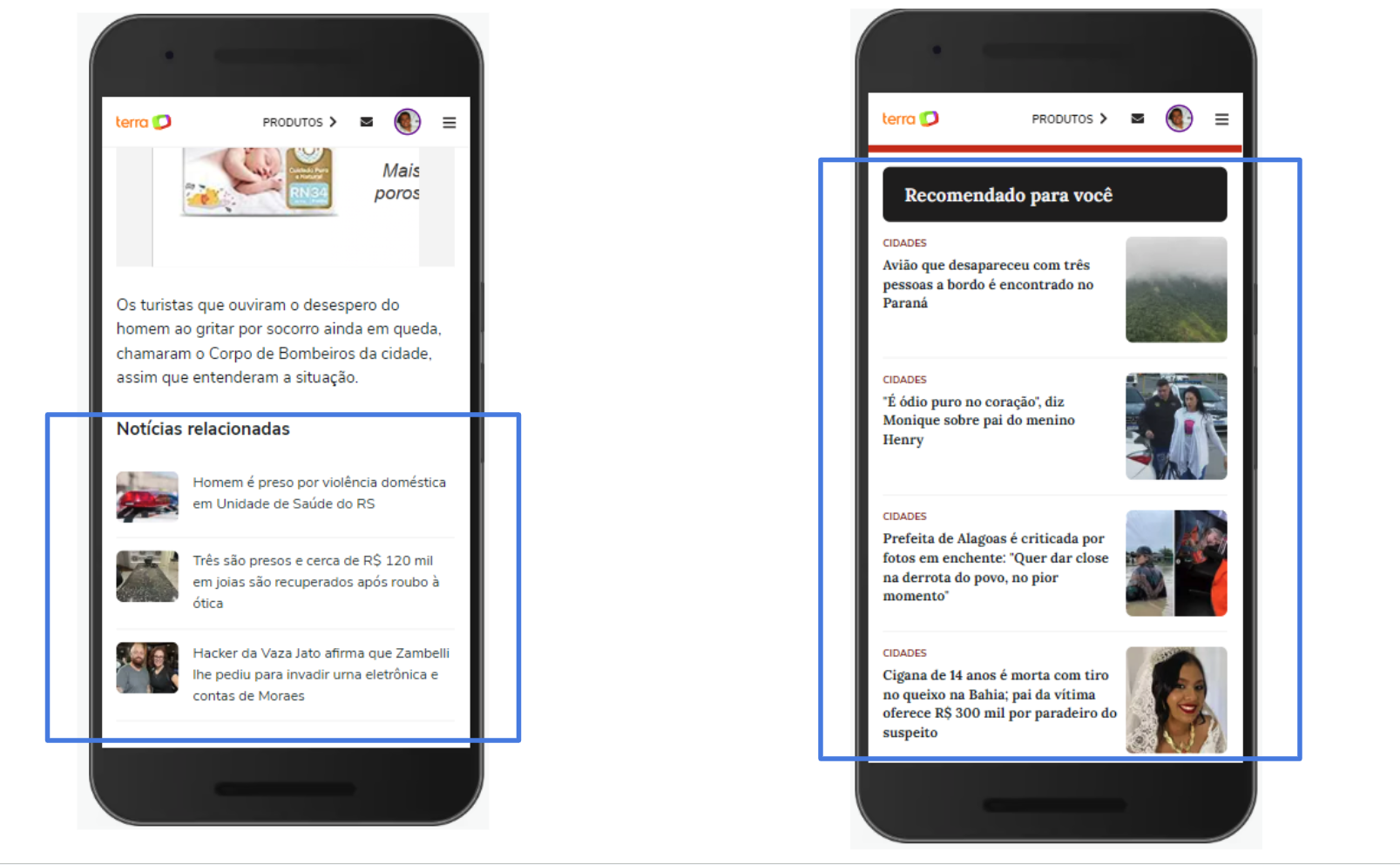 Terra 网站上两个部分预提取链接的屏幕截图。在左侧，“相关内容”部分突出显示，而右侧“推荐”部分突出显示。