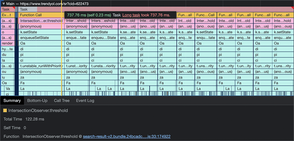 Trendyol의 PLP용 Chrome DevTools 성능 프로파일링 세션 스크린샷 표시된 긴 작업은 737.6밀리초 동안 실행되며 Intersection Observer 콜백의 일부입니다.