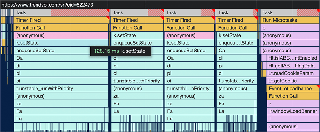 Captura de pantalla de una sesión de generación de perfiles de rendimiento en las Herramientas para desarrolladores de Chrome para PLP de Trendyol. La tarea larga que antes se ejecutaba durante 737.6 milisegundos ahora se divide en varias tareas más pequeñas.