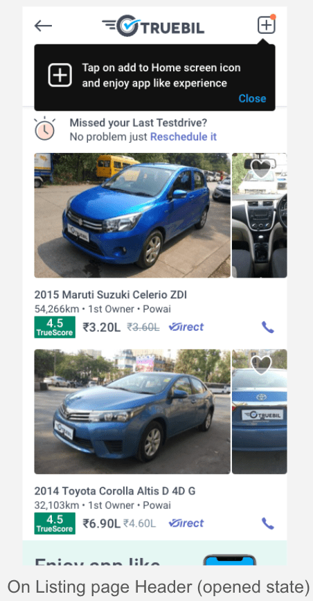 Screenshot banner perintah penginstalan berbasis waktu dari Truebil Lite.