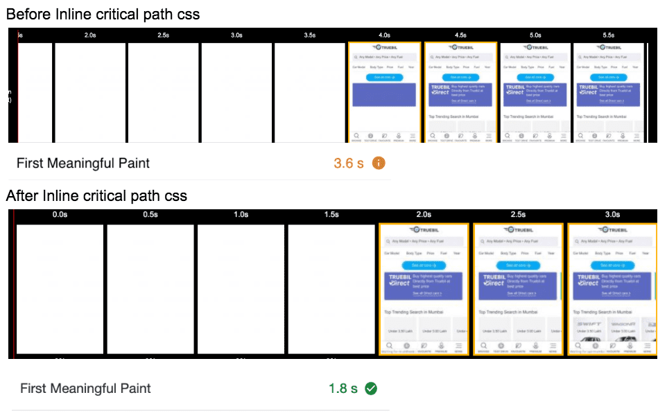 Screenshots der Chrome-Entwicklertools, die die Zeit von Truebil Lite für „First Meaningful Paint“ vor und nach dem Einfügen von CSS zeigen.