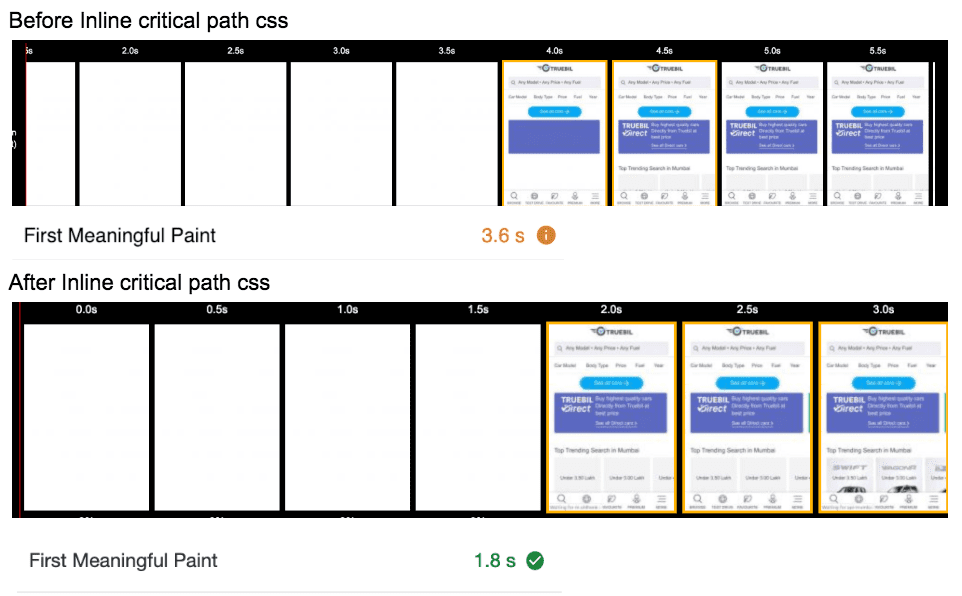 CSS를 인라인하기 전과 후의 Truebil Lite가 첫 번째 의미 있는 페인트까지의 시간을 보여주는 Chrome DevTools의 스크린샷