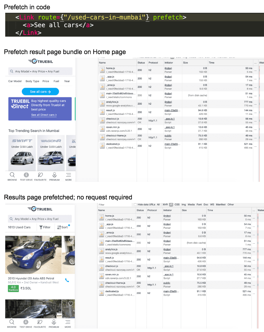 Truebil Lit アプリと Chrome DevTools のスクリーンショット。アセットはすでにプリフェッチされているため、一般的なナビゲーションではネットワーク リクエストが不要であることが示されています。