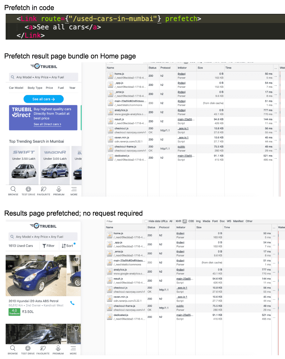 Capturas de tela do app Truebil Lit e do Chrome DevTools mostrando que as solicitações de rede não são necessárias em navegações comuns porque os recursos já foram pré-buscados.