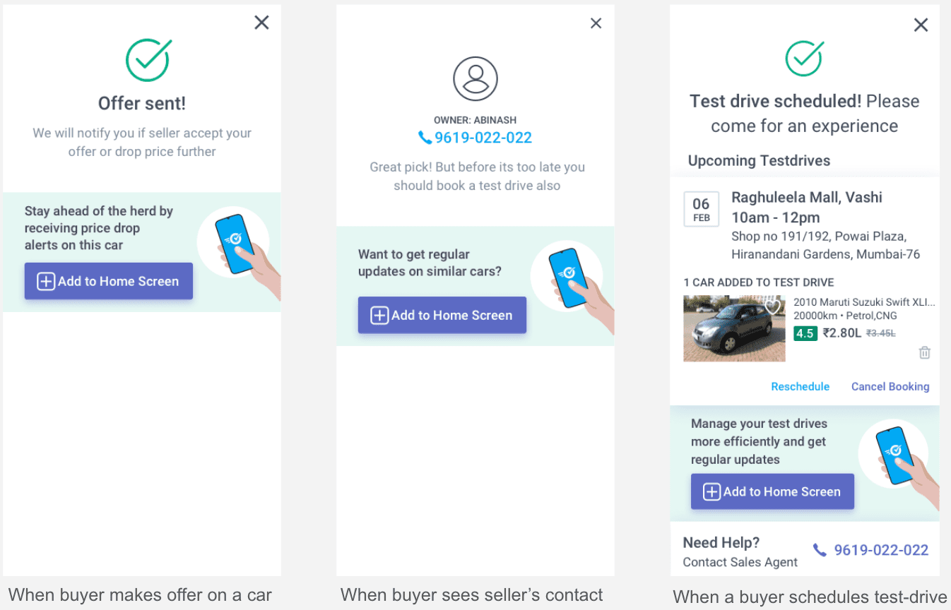 Captures d&#39;écran des invites d&#39;installation contextuelles de Truebil Lite pour les utilisateurs adultes.