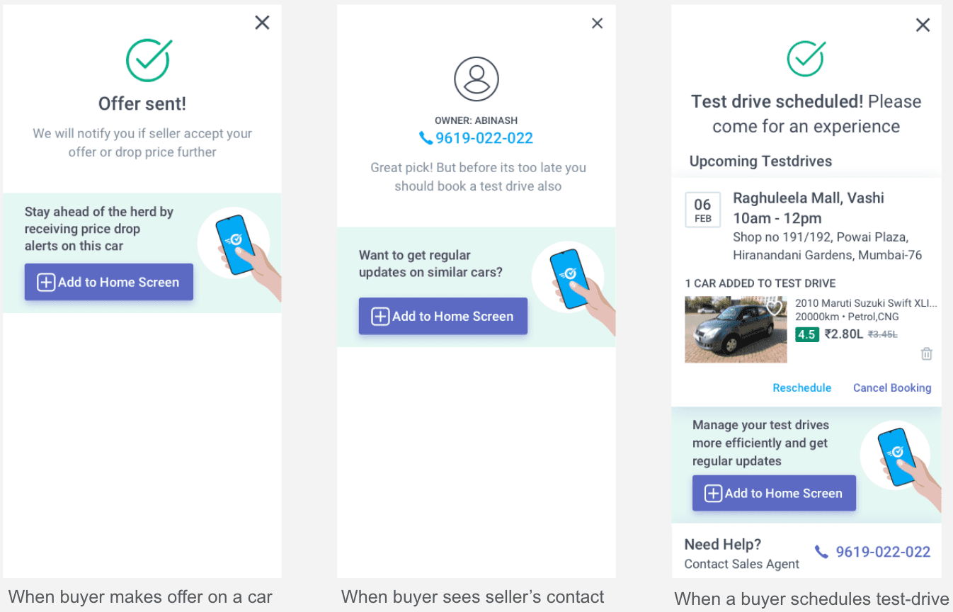 Capturas de tela das solicitações de instalação contextual do Truebil Lite para usuários adultos.