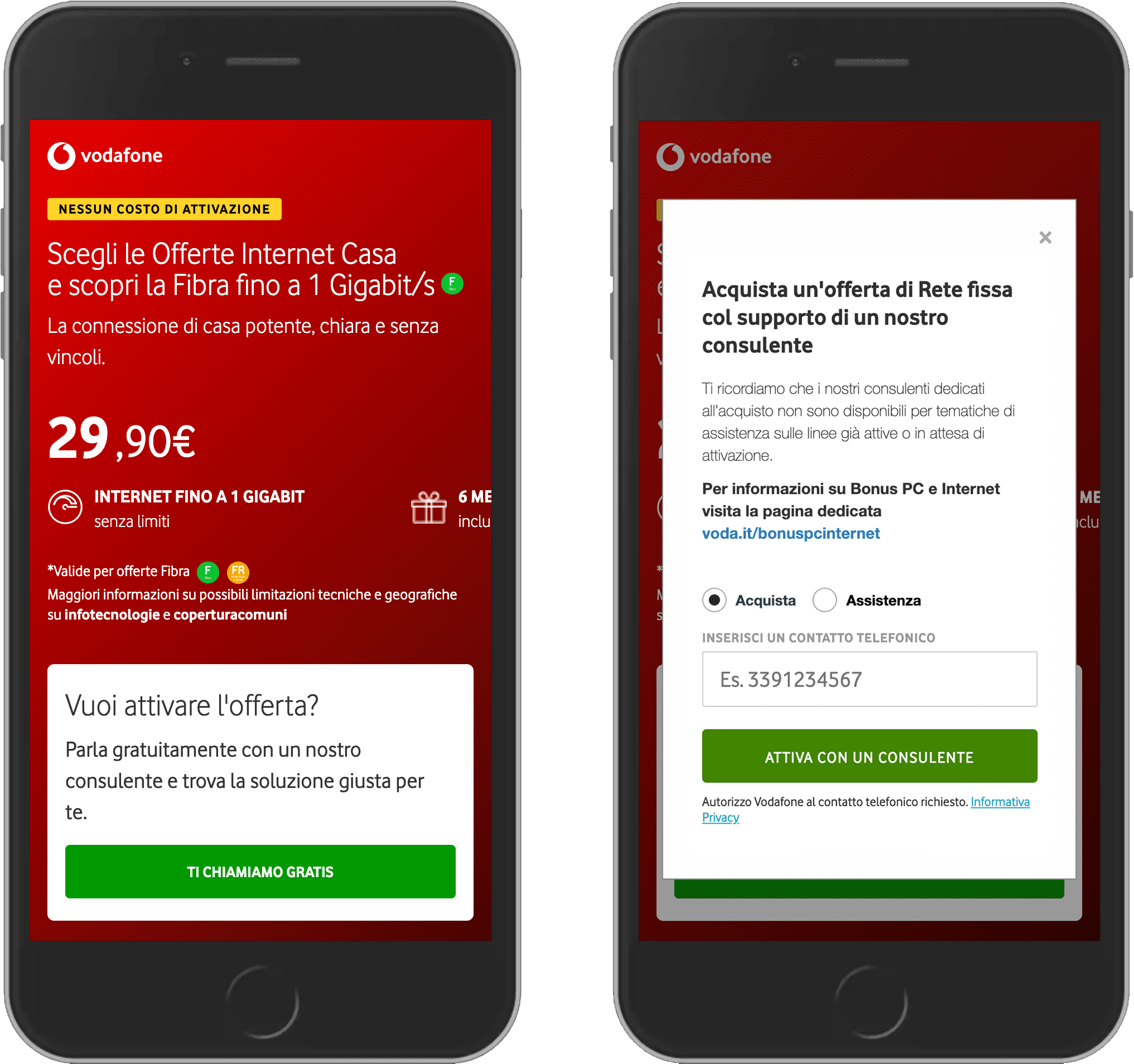 Vodafone のウェブサイトのスクリーンショット 2 枚。