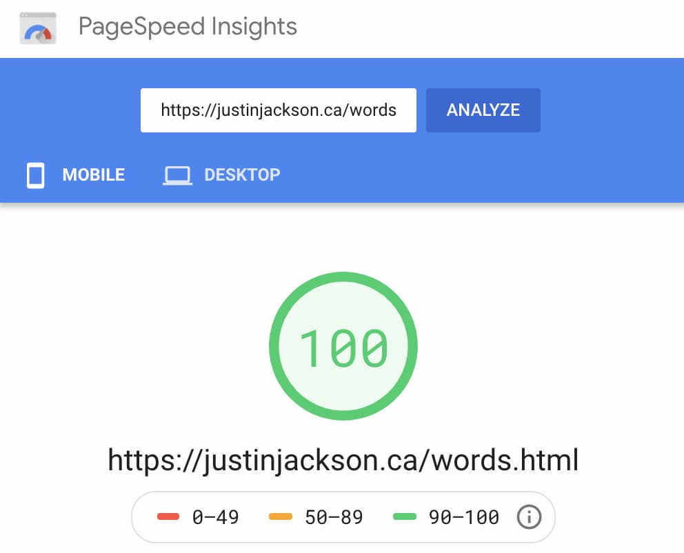 مثال على إحصاءات PageSpeed