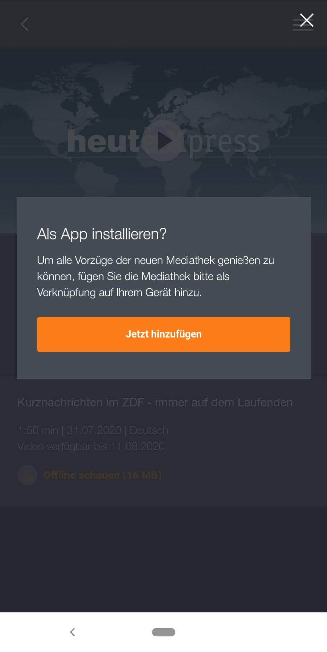 Benutzerdefinierte Installationsaufforderung wird beim Herunterladen eines Videos für die Offlinewiedergabe ausgelöst.