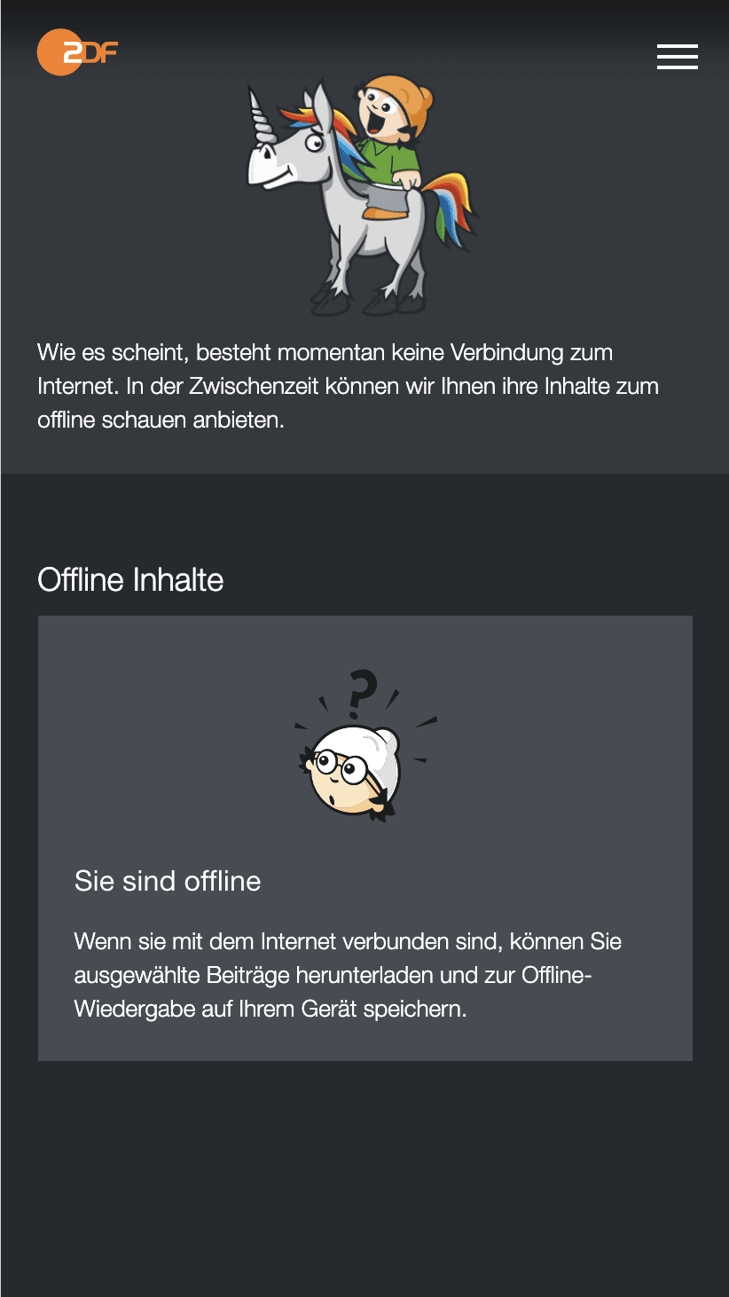 Die Seite „Offline“ zeigt an, dass keine Inhalte zur Offlinewiedergabe verfügbar sind.