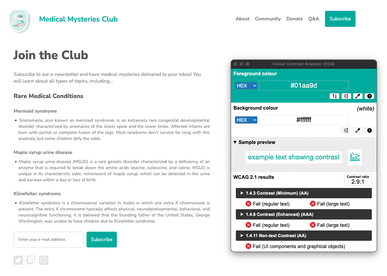 Score Lighthouse pour le nom du club signalé. Le rapport de contraste de la valeur turquoise est trop faible.