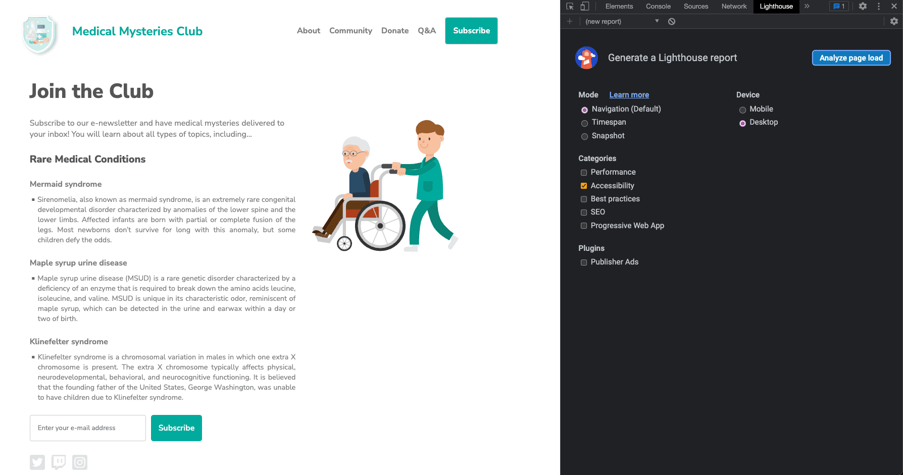 موقع Medical Mystery Club على الويب، مع فتح لوحة DevTools لتقرير Lighthouse.