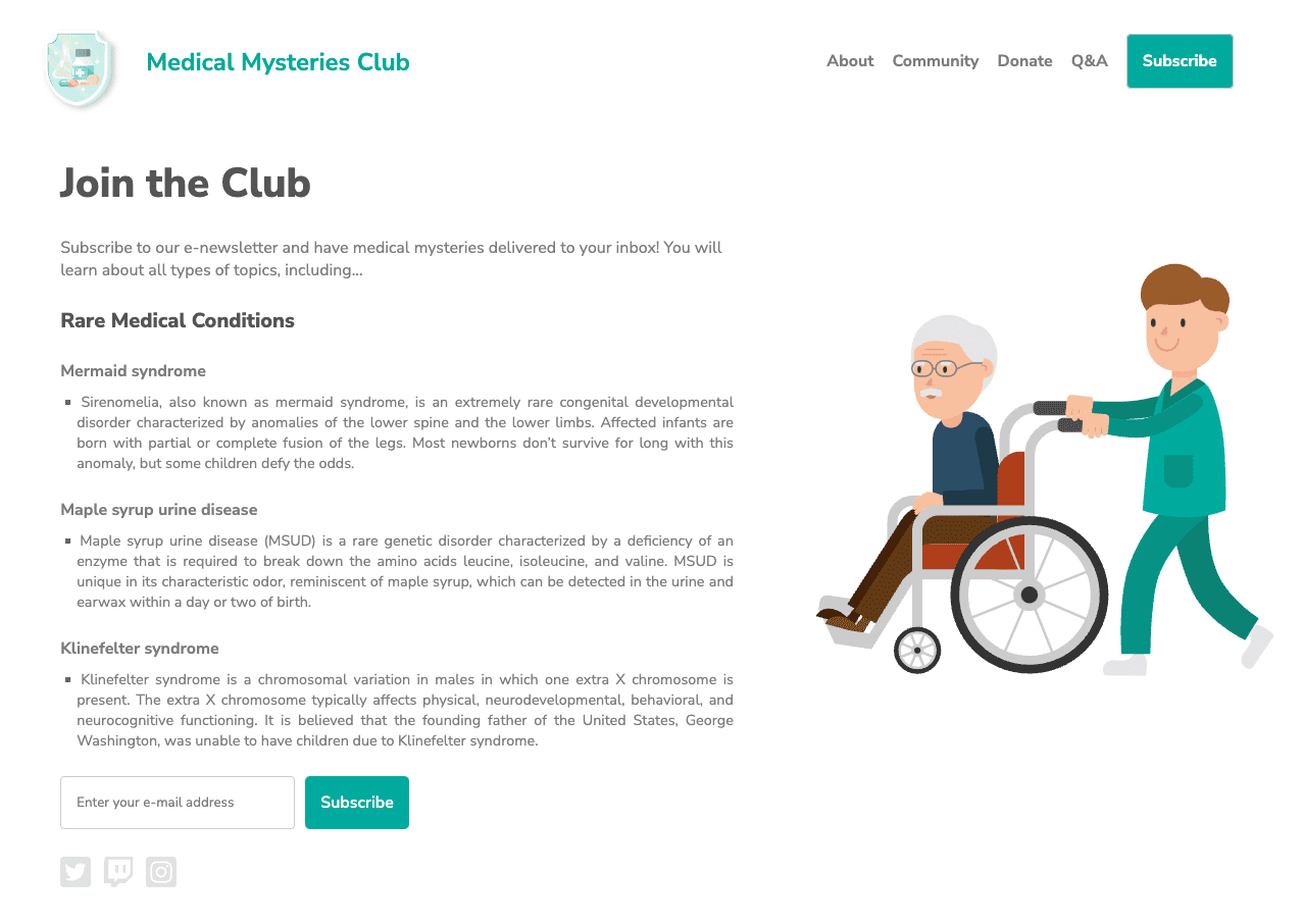 Medical Mystery Club のウェブサイト（iframe の外）。