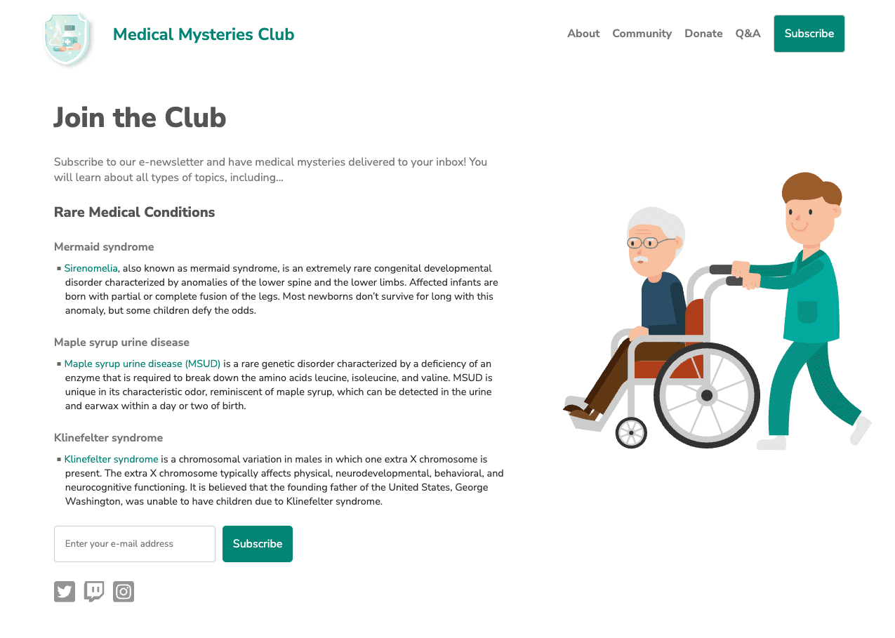 Screenshot der Demowebsite des Medical Mysteries Club.