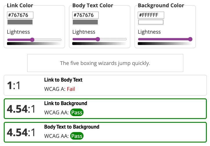 Captura de tela do WebAIM para o texto do link mostrando que o link para o texto do corpo não atende ao nível A do WCAG.