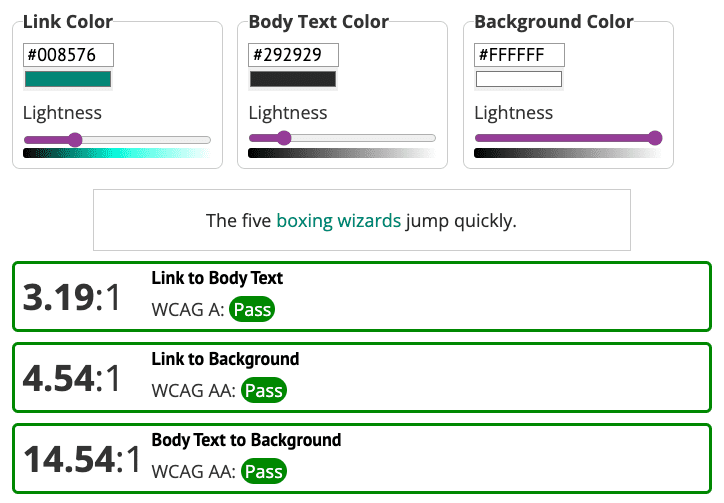 Captura de pantalla de WebAIM muestra que todas las pruebas son exitosas cuando el color del vínculo es verde.