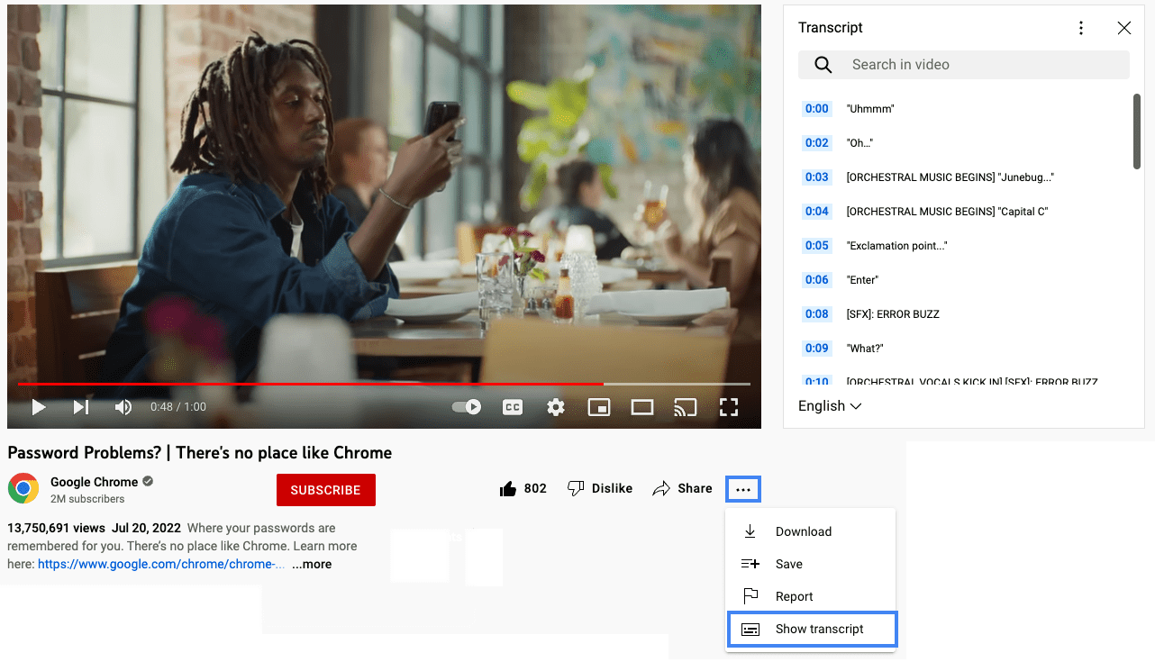 YouTube 影片，右側面板中顯示轉錄稿。系統會以藍色標明存取轉錄稿的步驟。