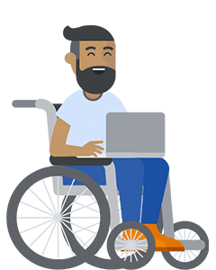 한 남성이 휠체어에 앉아 열려 있는 노트북을 들고 있습니다.