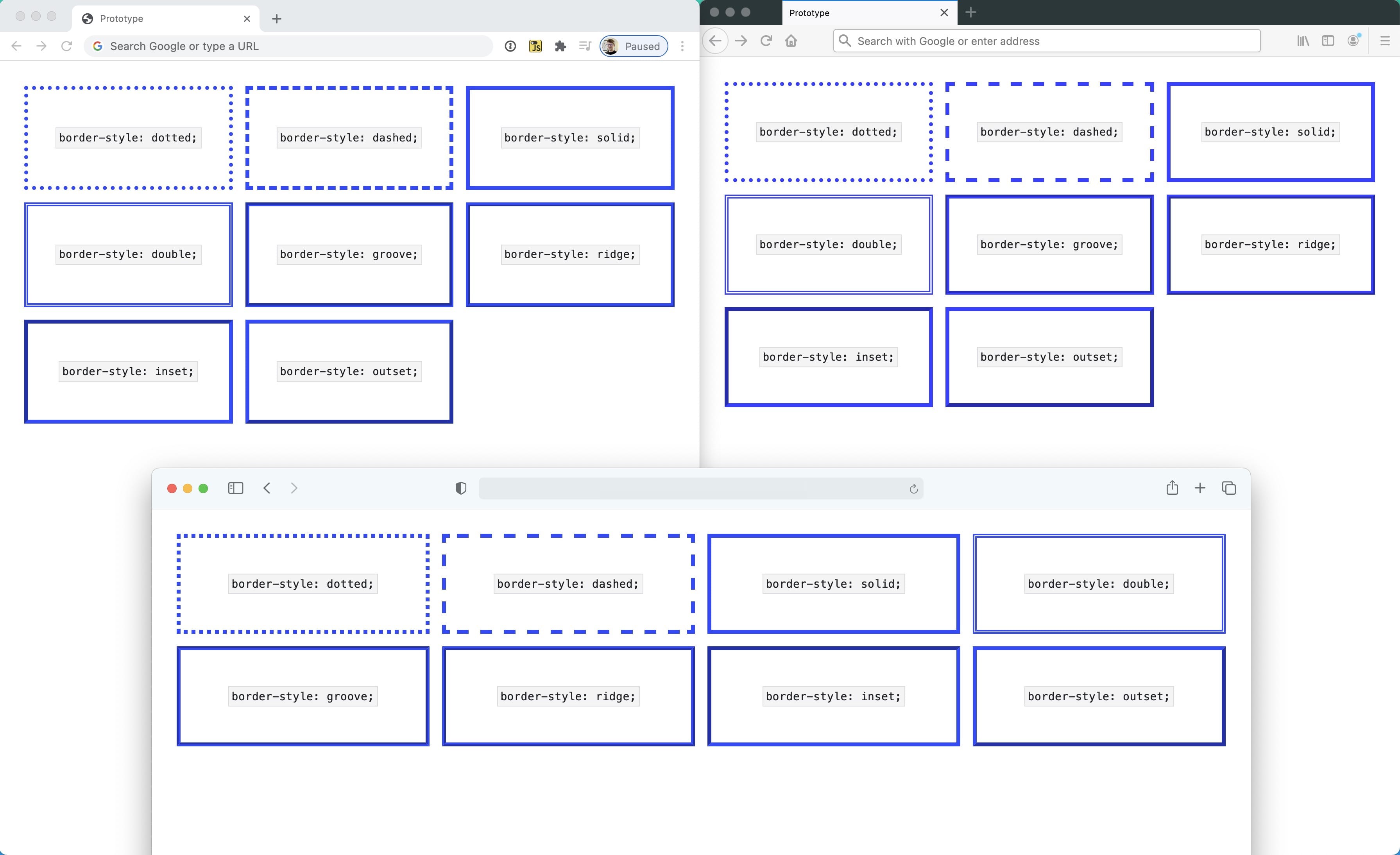 การสาธิตเส้นขอบใน Chrome, Firefox และ Safari ซึ่งแสดงให้เห็นความแตกต่างเล็กๆ น้อยๆ ที่ลักษณะของชายแดนแสดง