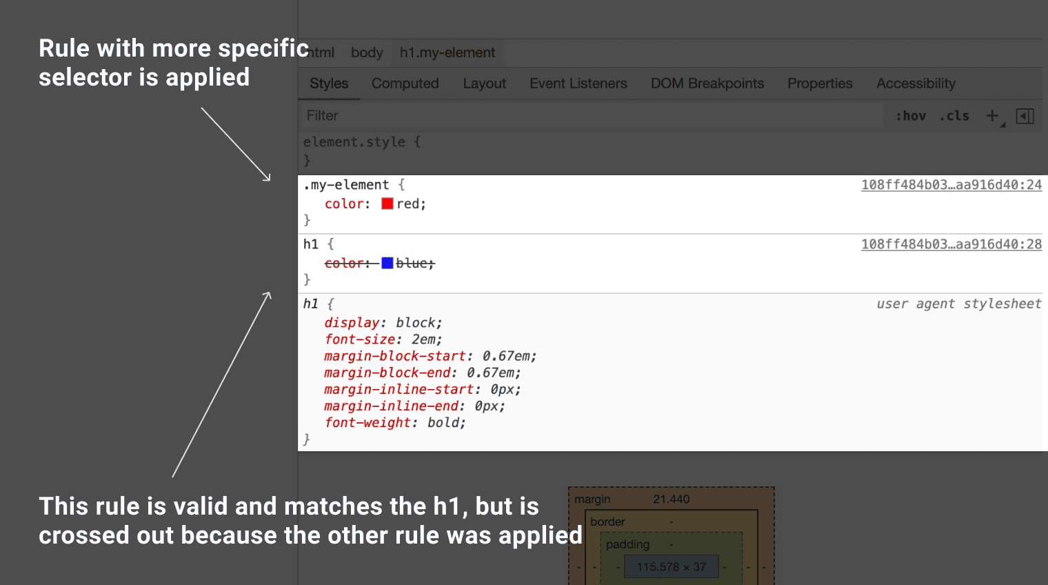 上書きされた CSS に取り消し線が引かれたブラウザ DevTools の画像