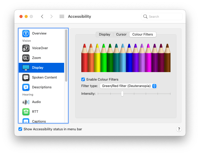 Opzioni del filtro di colore nelle preferenze di sistema.