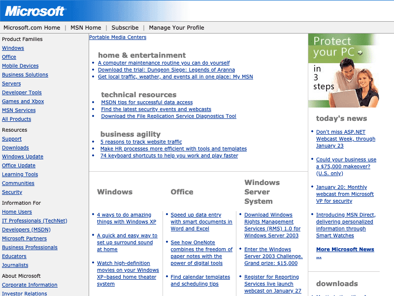 O site da Microsoft usando um design de três colunas, principalmente de texto.