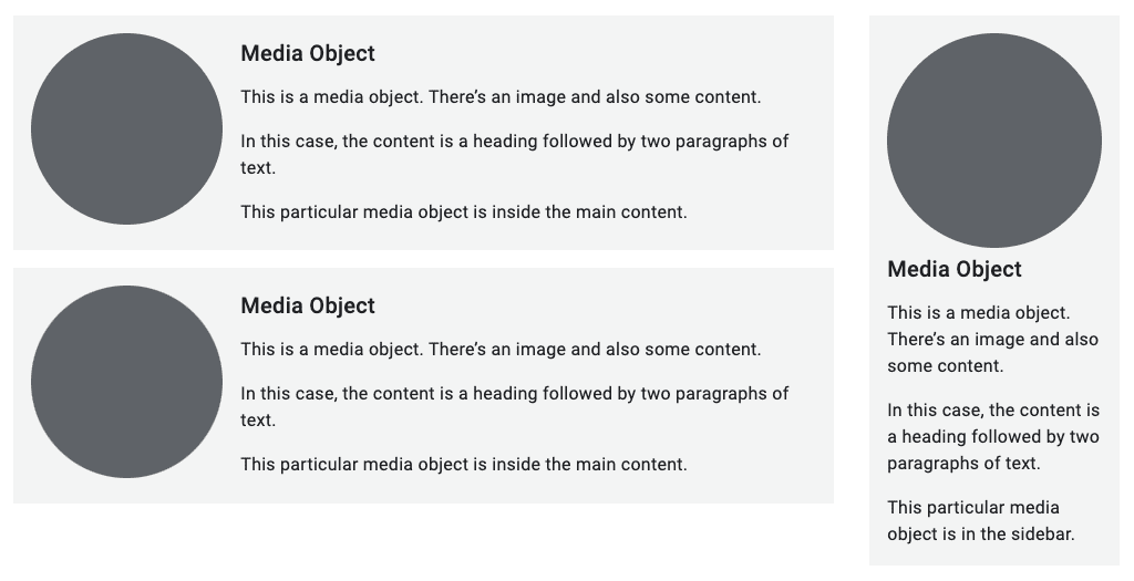 Um layout de duas colunas, uma larga e outra estreita. Os objetos de mídia são dispostos de forma diferente, dependendo se estão na coluna larga ou estreita.