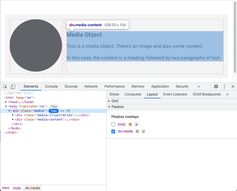 Flexbox 오버레이를 보여주는 Chrome의 개발자 도구