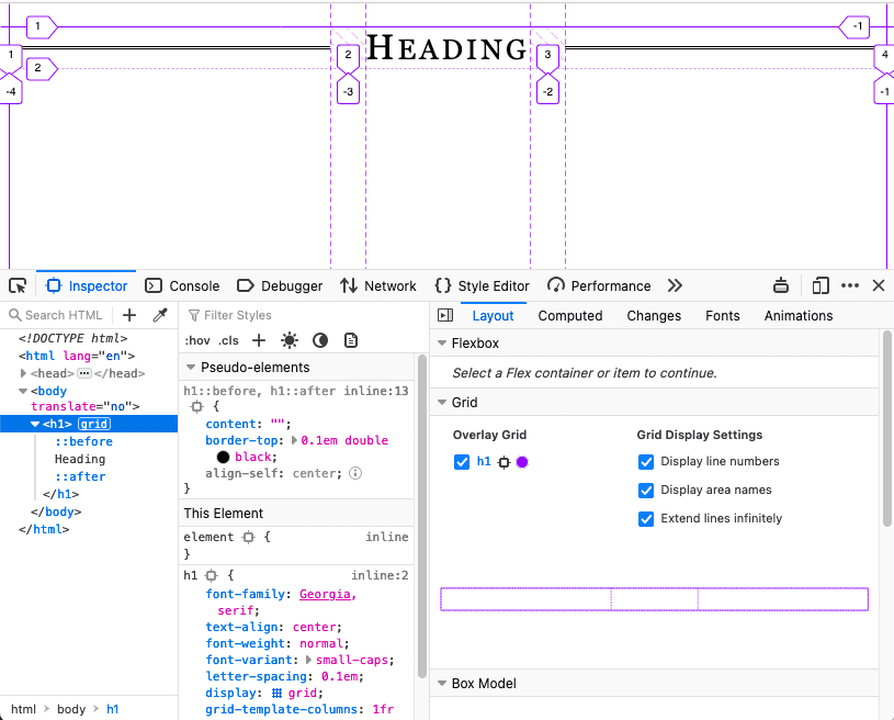 Firefox 中显示网格叠加层的开发者工具。