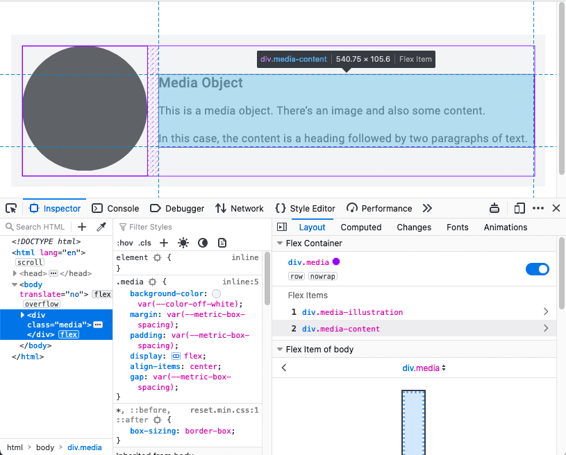 Flexbox 오버레이를 보여주는 Firefox의 개발자 도구